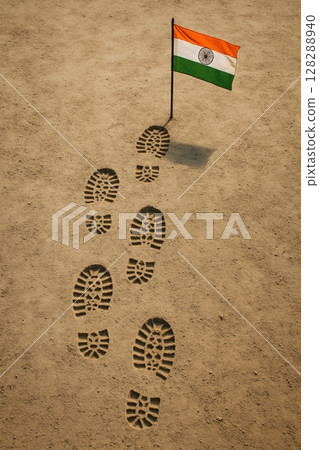Top view of army boot prints leading to a lone Indian flag on dusty ground 128288940