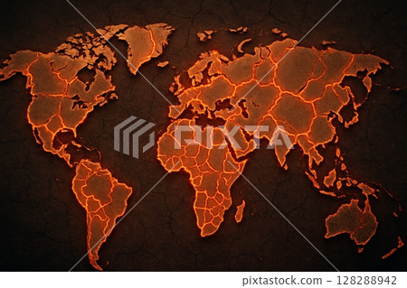 World map with glowing red borders resembling open wounds for World Refugee Day awareness 128288942