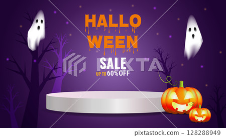 Halloween sale promo banner template offer design. Festive creepy design poster website. Vector illustration. 128288949