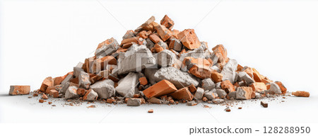 Earthquake debris, remains of collapsed houses, dry soil, scattered bricks, abandoned construction site 128288950