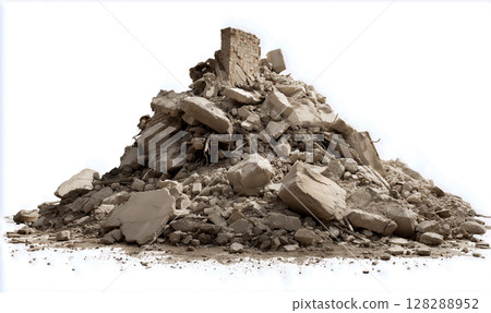 Earthquake debris, remains of collapsed houses, dry soil, scattered bricks, abandoned construction site Earthquake debris, remains of collapsed houses, dry soil, scattered bricks, abandoned construction site 128288952