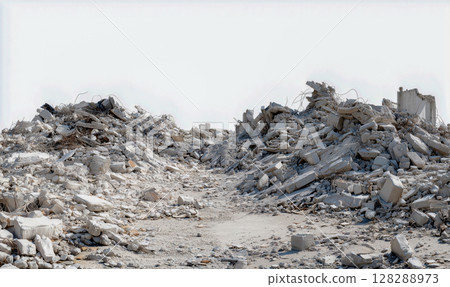 Devastation after the earthquake, destroyed walls, open interiors exposed to sunlight, dire atmosphere Devastation after the earthquake, destroyed walls, open interiors exposed to sunlight, dire atmosphere 128288973