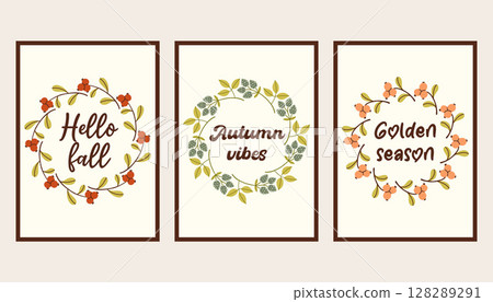 Autumn simple poster set. Fall flyer doodle set. Vectical banner autumn elements. Autumn interior design poster, end of season promo template. Vector illustration. 128289291