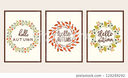 Autumn simple poster set. Fall flyer doodle set. Vectical banner autumn elements. Autumn interior design poster, end of season promo template. Vector illustration. Autumn simple poster set. Fall flyer doodle set. Vectical banner autumn elements. Autumn interior design poster, end of season promo template. Vector illustration. 128289292