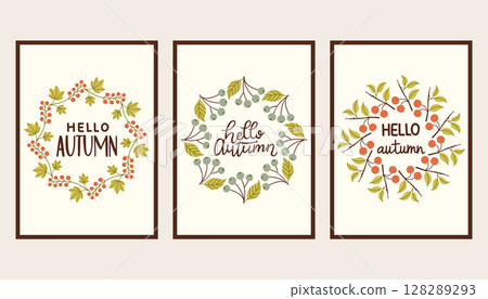 Autumn simple poster set. Fall flyer doodle set. Vectical banner autumn elements. Autumn interior design poster, end of season promo template. Vector illustration. 128289293