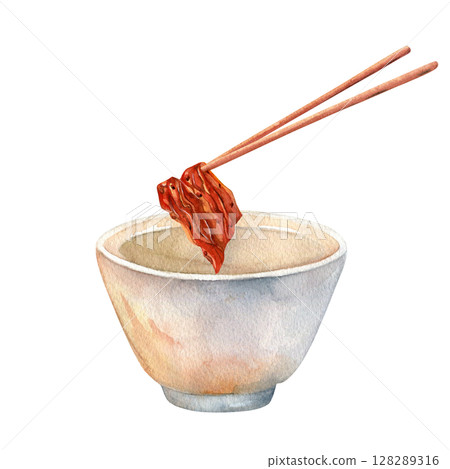 Kimchi, chopsticks and bowl. Watercolor illustrations are hand drawn. Isolated on white background. For invitations, posters and cards  128289316