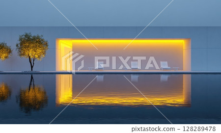 minimalist outdoor architecture with minimalist swimming pool edge in the foreground 128289478