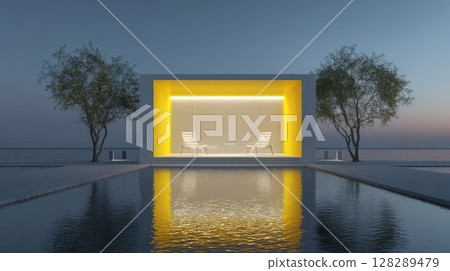 minimalist outdoor architecture with minimalist swimming pool edge in the foreground 128289479