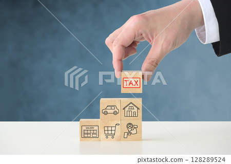 Image showing the imposition of taxes on various items such as consumption tax, income tax, and fixed asset tax 128289524