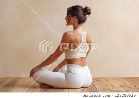 Beautiful woman performing a yoga pose at home 128289529