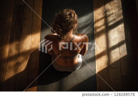 Young woman doing yoga stretches in the living room at home 128289578