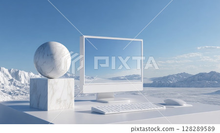 modern computer with a simple background of mountains and sky modern computer with a simple background of mountains and sky 128289589