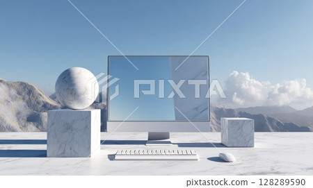 modern computer with a simple background of mountains and sky modern computer with a simple background of mountains and sky 128289590