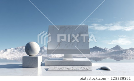 modern computer with a simple background of mountains and sky modern computer with a simple background of mountains and sky 128289591