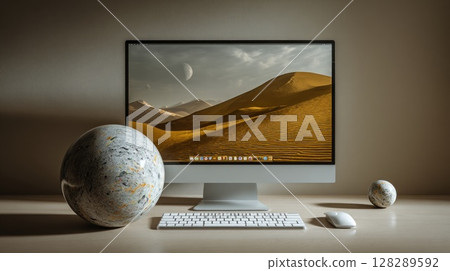 modern computer with a simple background of mountains and sky modern computer with a simple background of mountains and sky 128289592