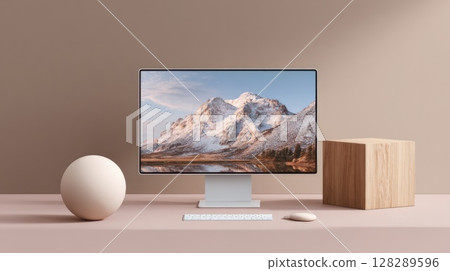 modern computer with a simple background of mountains and sky modern computer with a simple background of mountains and sky 128289596
