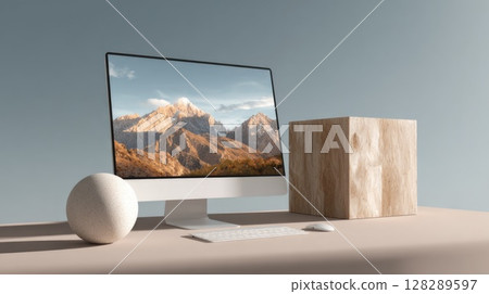 modern computer with a simple background of mountains and sky 128289597