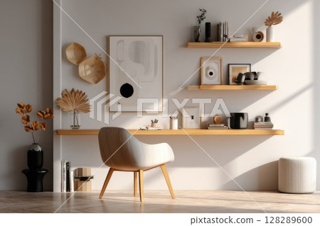 3D rendering of a modern interior design, a cozy home office with a floating shelf and chair. 3D rendering of a modern interior design, a cozy home office with a floating shelf and chair. 128289600