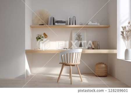 3D rendering of a modern interior design, a cozy home office with a floating shelf and chair. 3D rendering of a modern interior design, a cozy home office with a floating shelf and chair. 128289601