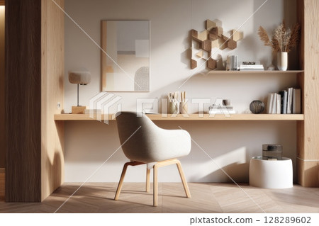 3D rendering of a modern interior design, a cozy home office with a floating shelf and chair. 3D rendering of a modern interior design, a cozy home office with a floating shelf and chair. 128289602
