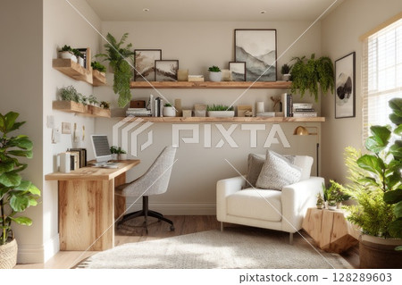 3D rendering of a modern interior design, a cozy home office with a floating shelf and chair. 3D rendering of a modern interior design, a cozy home office with a floating shelf and chair. 128289603