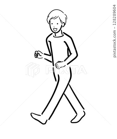 一位微笑行走的男子的單色插圖 128289604