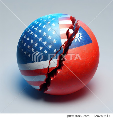 Cracked Relations for USA and Taiwan Flags on a Divided Sphere Symbolizing Geopolitical Tension with Generative AI. 128289615