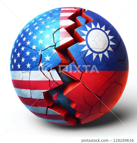 Cracked Relations for USA and Taiwan Flags on a Divided Sphere Symbolizing Geopolitical Tension with Generative AI. 128289616