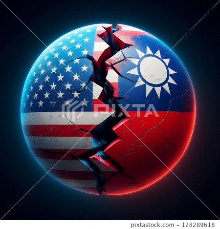 Cracked Relations for USA and Taiwan Flags on a Divided Sphere Symbolizing Geopolitical Tension with Generative AI. 128289618