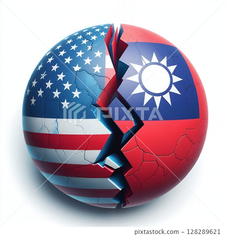 Cracked Relations for USA and Taiwan Flags on a Divided Sphere Symbolizing Geopolitical Tension with Generative AI. 128289621