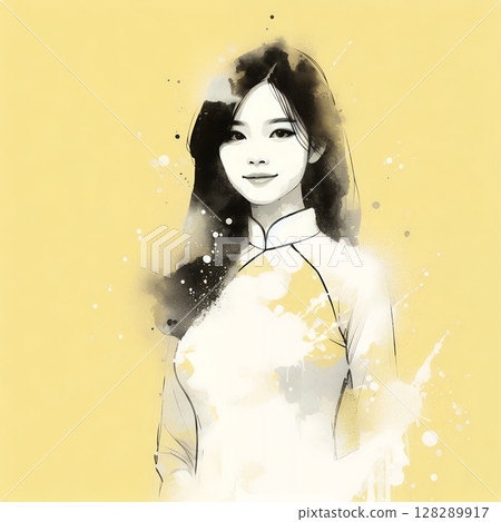 Vietnamese girl wearing traditional clothes aodai in splash ink painting with Generative AI. 128289917