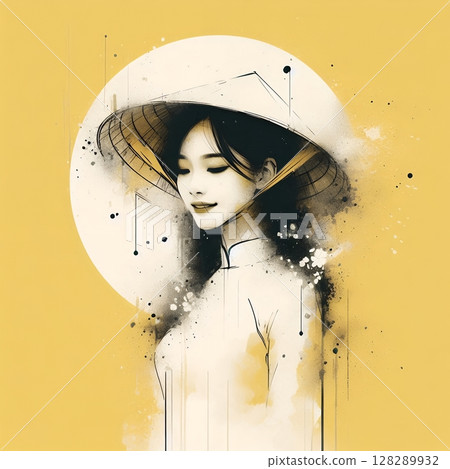 Vietnamese girl wearing traditional clothes aodai in splash ink painting with Generative AI. Vietnamese girl wearing traditional clothes aodai in splash ink painting with Generative AI. 128289932