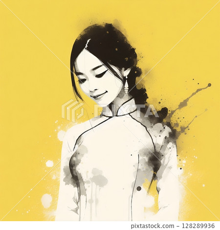 Vietnamese girl wearing traditional clothes aodai in splash ink painting with Generative AI. 128289936