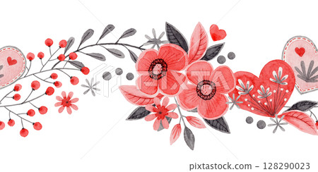 Curve seamless border with flower and heart in folk style. Stylized illustration in red and gray color for wedding invitation. Hand drawn composition is perfect for romantic and love card design. 128290023