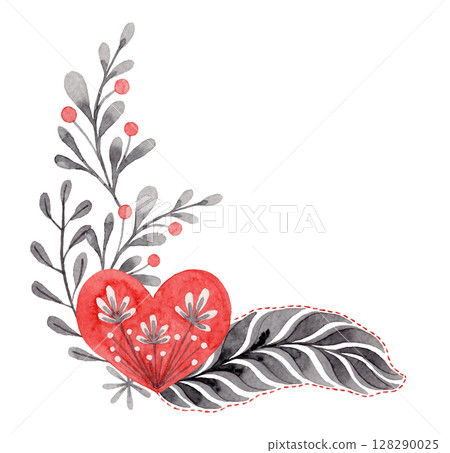 Corner composition with heart and twig in folk style. Stylized illustration in red and gray colors for wedding invitation creating. Hand drawn arrangement is perfect for romantic and love designs. Corner composition with heart and twig in folk style. Stylized illustration in red and gray colors for wedding invitation creating. Hand drawn arrangement is perfect for romantic and love designs. 128290025