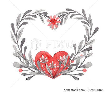 Floral heart shaped composition in folk style. Stylized illustration in red and gray colors for wedding invitation creating. Hand drawn arrangement is perfect for romantic and love designs. 128290026