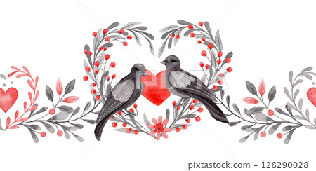 Seamless border with couple of dove in folk style. Stylized illustration in red and gray color for wedding invitation creating. Hand drawn composition is perfect for romantic and love card design. Seamless border with couple of dove in folk style. Stylized illustration in red and gray color for wedding invitation creating. Hand drawn composition is perfect for romantic and love card design. 128290028