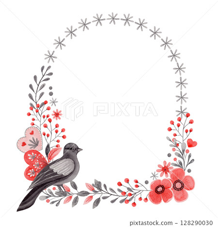 Arch wreath with dove and flower in folk style. Stylized illustration in red and gray colors for wedding invitation creating. Hand drawn composition is perfect for romantic and love card design. Arch wreath with dove and flower in folk style. Stylized illustration in red and gray colors for wedding invitation creating. Hand drawn composition is perfect for romantic and love card design. 128290030