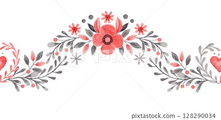 Curved seamless border with heart and flower in folk style. Stylized illustration in red and gray colors for wedding invitation. Hand drawn composition is perfect for romantic and love card design. 128290034