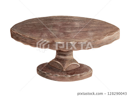 Vintage brown wooden cake stand in a nostalgic Easter theme. Realistic hand drawn watercolor artwork with fine details. Perfect for card design. Ideal for festive decor and holiday tableware. 128290043