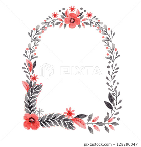 Arch wreath with flower and feather in folk style. Stylized illustration in red and gray colors for wedding invitation creating. Hand drawn composition is perfect for romantic and love card design. Arch wreath with flower and feather in folk style. Stylized illustration in red and gray colors for wedding invitation creating. Hand drawn composition is perfect for romantic and love card design. 128290047