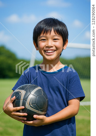 Smiling elementary school child with soccer ball Sports lessons 128290064