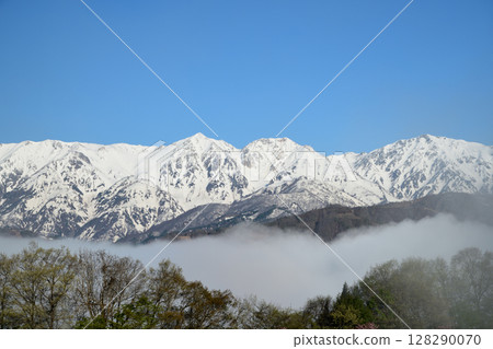 View of the Northern Alps from Nodaira village (sea of clouds) [Hakuba Village, Nagano Prefecture] 128290070