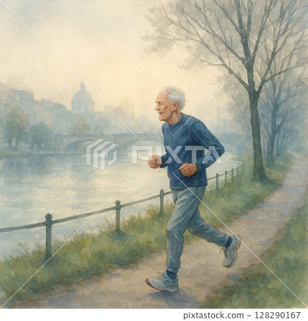 水彩畫風｜清晨薄霧中的老人｜川邊健康生活物語 128290167