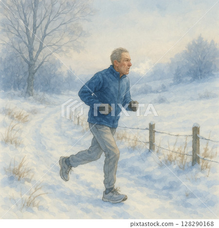 水彩畫風｜雪漫步的老人｜冬季運動與健康生活的故事 128290168