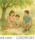 Watercolor painting ｜ A family with a tree in the middle of the night, a warm afternoon light ｜ Scenes of life outside the home of parents and children 128290183
