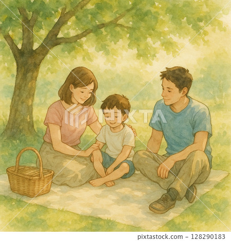 Watercolor painting | A family with a tree in the middle of the night, a warm afternoon light | Scenes of life outside the home of parents and children Watercolor painting | A family with a tree in the middle of the night, a warm afternoon light | Scenes of life outside the home of parents and children 128290183
