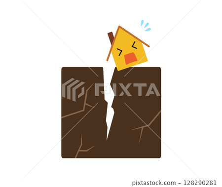 A simple illustration of a house that is tilted and about to collapse due to a crack in the ground 128290281