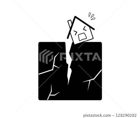 A simple black and white illustration of a house tilting and collapsing due to a crack in the ground. 128290282
