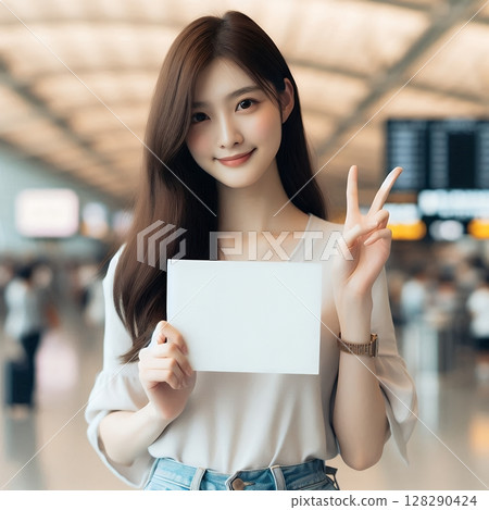 Young Asian Woman Holding Blank Sign at Modern Airport Terminal for Travel and Message Concept with Generative AI. 128290424